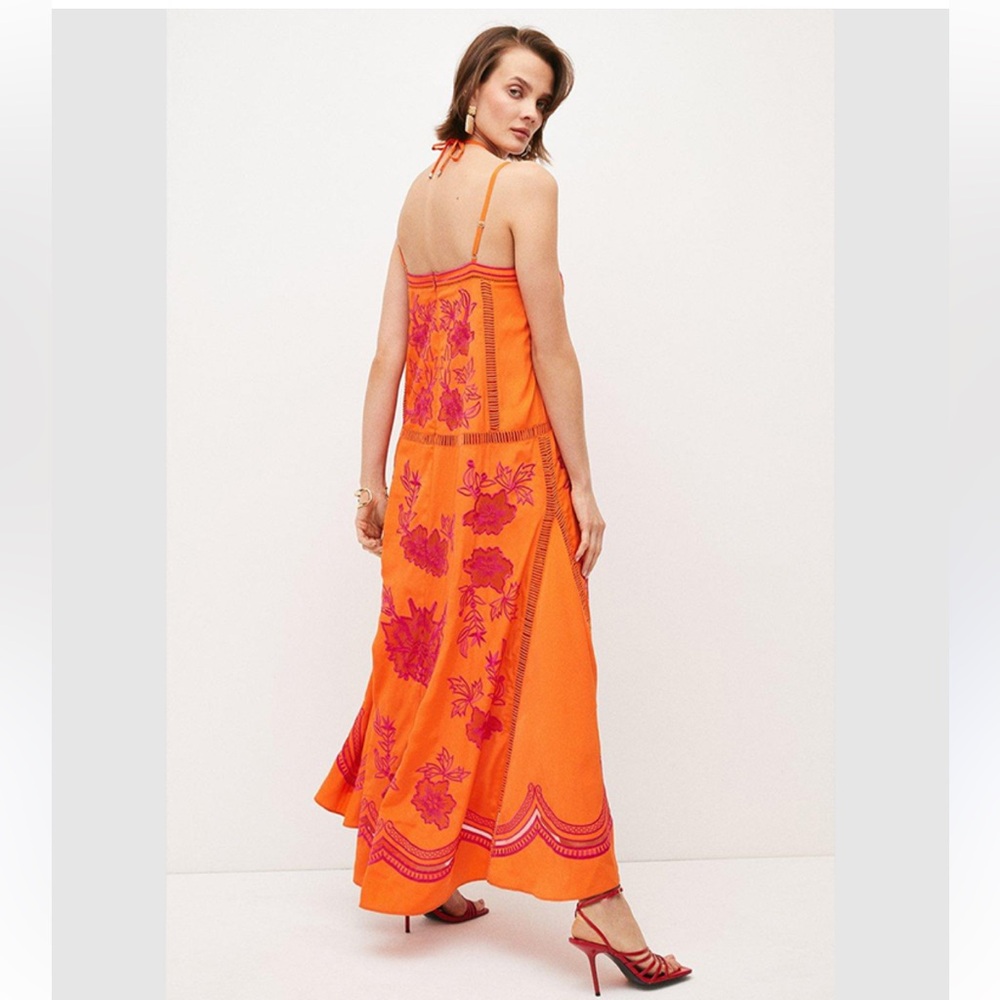 Karen Millen Embroidered Strappy Modi Dress in Orange and Pink Sz 8 - Picture 3 of 10